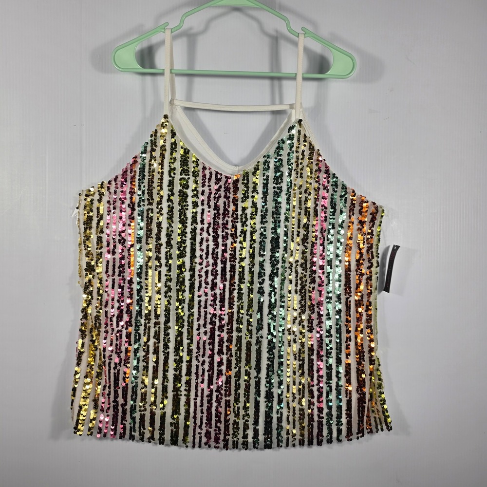 No Boundaries Rainbow Sequin Cami Tank Top V-Neck White Plus Size XXXL 3XG NEW - Picture 5 of 8